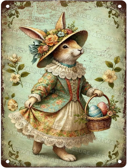 Vintage Easter Bunny Metal Sign Easter Eggs Rustic Farmhouse Wall Art For Indoor Outdoor Home Garden Decor 12x16Inch