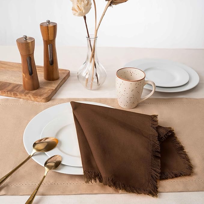 Blue Needles Handmade Cotton Linen Cloth Napkins with Fringes - Set of 6 Nut Brown Dinner Table Napkins 18x18 Inch Hemmed Edges Washable, Soft, Reusable, Perfect for Fall Thanksgiving & Family Dinner