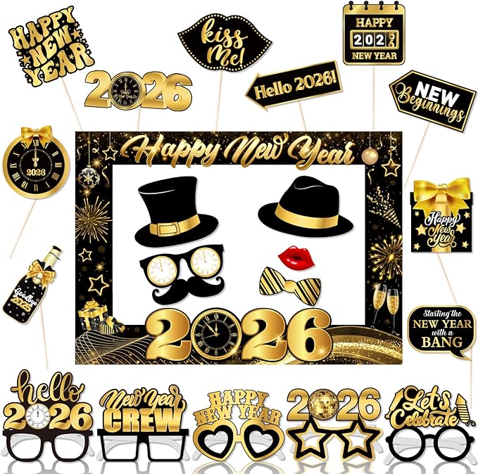 New Years Photo Booth Props 2026, Black Gold New Years Eve Photo Booth Props,Happy New Year Photo Frame, New Years Eve Party Supplies 2026 for New Year Eve Celebratory Party Favor