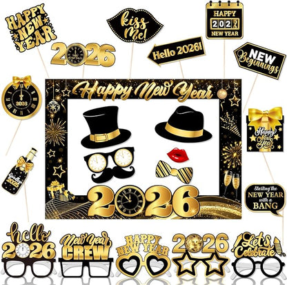 New Years Photo Booth Props 2026, Black Gold New Years Eve Photo Booth Props,Happy New Year Photo Frame, New Years Eve Party Supplies 2026 for New Year Eve Celebratory Party Favor