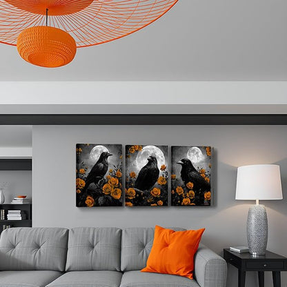 LevvArts Crow Canvas Wall Art Gothic Crow with Rose Painting Spooky Pictures Bathroom Bedroom Wall Decor (Orange)