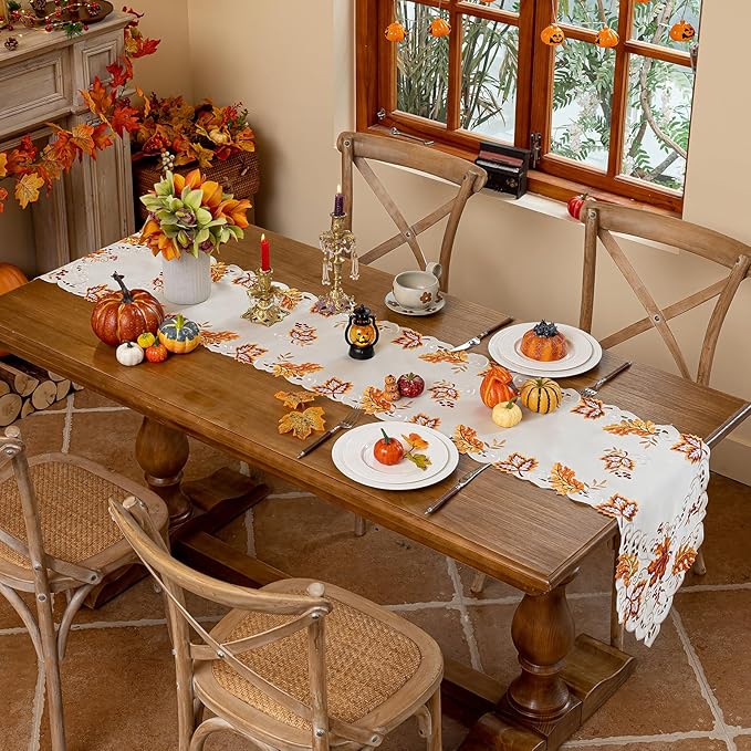 Joyfol Day Thanksgiving Table Runner 14 x 69 Inches, Cutwork Embroidered Maple Leaves Dresser Scarf, Fall Table Runners for Home Kitchen Dining, Autumn Harvest Party Tabletop Decoration