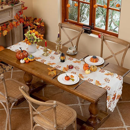 Joyfol Day Thanksgiving Table Runner 14 x 69 Inches, Cutwork Embroidered Maple Leaves Dresser Scarf, Fall Table Runners for Home Kitchen Dining, Autumn Harvest Party Tabletop Decoration
