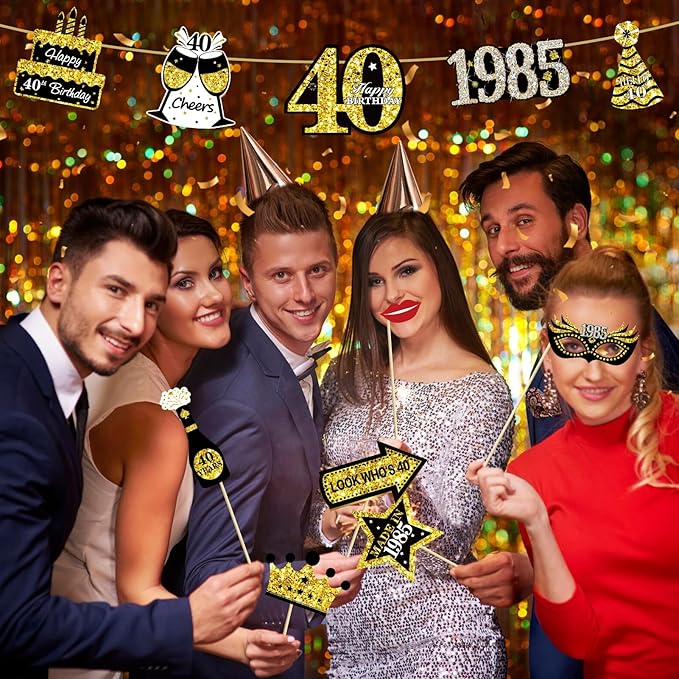 30Pcs 40th Birthday Decoration Photo Booth Props for Men Women, Funny Black Gold Vintage 1985 40th Birthday Props Kit with Sticks Party Supplies, Cheers to 40 Bday Photo Props Sign Decor
