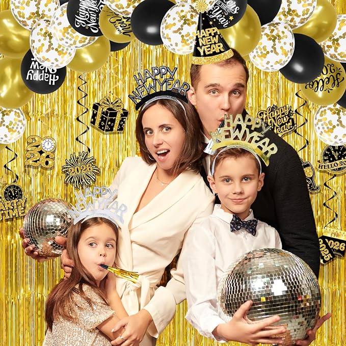New Years Eve Party Supplies 2026,Black Gold 2026 Happy New Years Decorations Set,happy New Year Banner,Hat,New Year Hanging Swirls,Headband Tiara,Foil Balloons,Curtain,Honeycpmb for Nye Decor