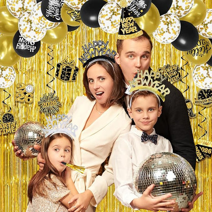 New Years Eve Party Supplies 2026,Black Gold 2026 Happy New Years Decorations Set,happy New Year Banner,Hat,New Year Hanging Swirls,Headband Tiara,Foil Balloons,Curtain,Honeycpmb for Nye Decor