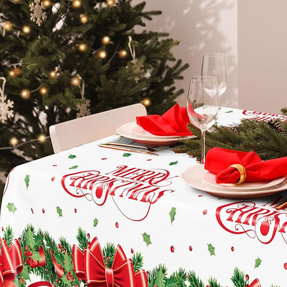 QZYL 2 Pack Christmas Tablecloths, 54" x 108" Xmas Plastic Table Cloth, Poinsettia Holly Bells Design Holiday Disposable Tablecover Rectangle Tablecloth, Christmas Decor Holiday Table Decorations