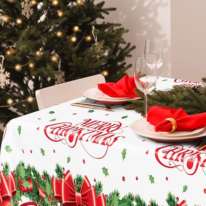 QZYL 4 Pack Christmas Table Cloths, 54" x 108" Xmas Decorations, Poinsettia Bow Design Christmas Plastic Tablecloth Holiday Disposable Tablecover, Holiday Party Decor Xmas Table Decor