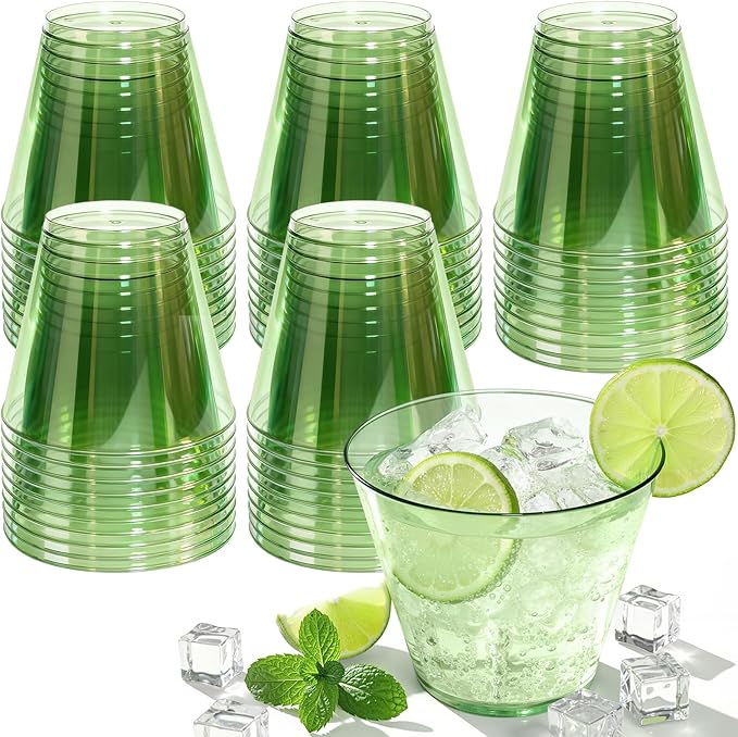 150 Pack Plastic Cups 9 oz Green Clear Plastic Cups for Cocktail Fancy Disposable Cup for Party Stemless Wine Glasses for Wedding Thanksgiving Christmas Party Graduation