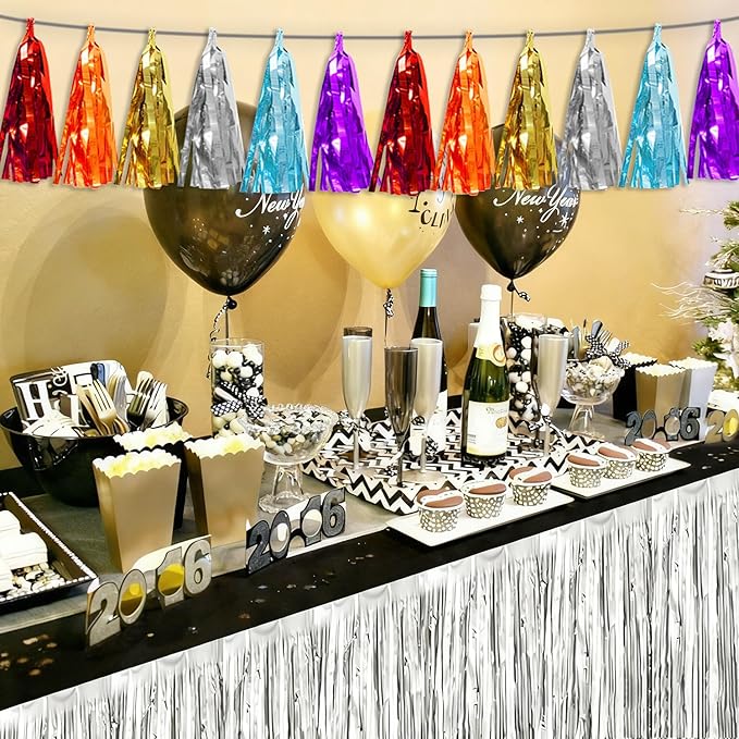 3P Lake Blue Orange-Red-Gold-Silver-Purple Tassel Banner Garland Metallic Foil Fringe Banner Tinsel Tassels Streamer Banner Backdrop for Parade Floats,Graduation Wedding Party Decorations