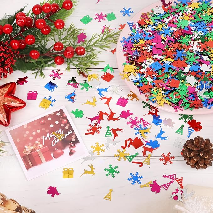 CCINEE Christmas Glitter Confetti Metallic Foil Table Scatters Confetti Snowflake Santa Elk Hat Gift Box Glitter Sequins for Christmas Decorations Party Supplies, 180g