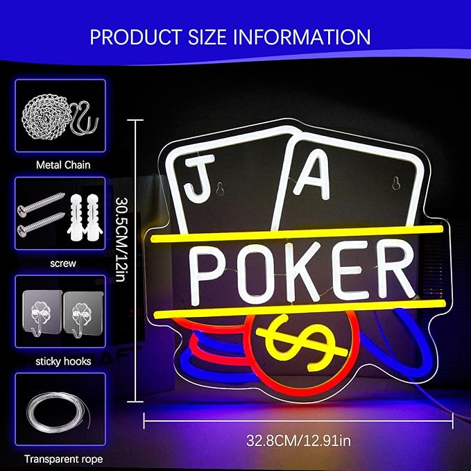 Poker Neon Sign, Playing Cards LED Neon Light for Wall Decor Casino Neon Lights for Man Cave, Bar, Bedroom, Hotel, Game Room, Casino Party Decorations Gift