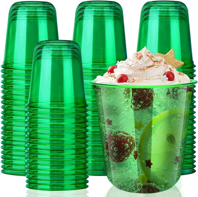 50pcs 12oz Disposable Stemless Glasses,PET Disposable Drinking Cups,Cold Party Clear Plastic Wine Glasses for Parties Birthday,Wedding,Meeting,Christmas Party Supplies. (Green)