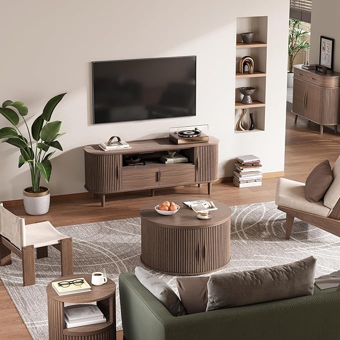 31.5" Round Lift Top Coffee Table, Mid Century Modern Walnut Center Table with Hidden Storage, Fluted Drum Wood Design for Small Living Room & Apartment