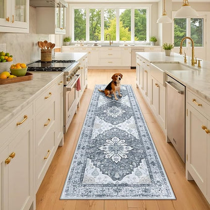 Area Rugs 2'x8' Runner Rug Non Slip Washable for Kitchen Hallway Bedroom Beside Laundry Room Bathroom Rug, Floor Carpet, Light Gray Grey White