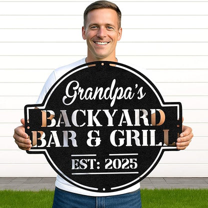 Personalized BBQ Garden Metal Sign, Custom Grill Name Cut Wall Art for Patio, Rustic Outdoor Kitchen and Backyard Decor