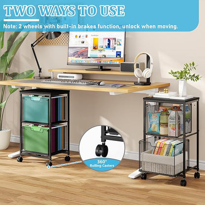 Rolling File Cart with 2 Storage Drawers, File Cabinet with Wheels, Hanging File Folder Organizer, Under Desk Storage, Printer Stand Utility Cart Filing Cabinet for Home Office,Black