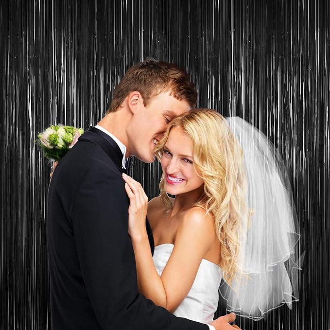 Black Tinsel Backdrop Foil Fringe Curtains - 2 Packs Door Streamers Backdrop for Birthday Door Decorations, Party Supplies for Bachelorette, Graduation, Christmas, Disco Decor