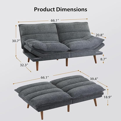 Pipishell Futon Sofa Bed, Convertible Futon Adjustable Backrest & Armrests, Corduroy Sleeper Couch for Small Spaces, Living Room, Office, Guest Room (Asphalt Grey, 66 Inch)