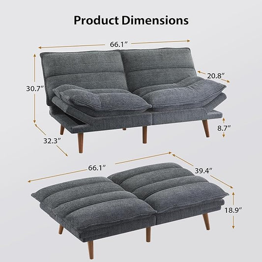Pipishell Futon Sofa Bed, Convertible Futon Adjustable Backrest & Armrests, Corduroy Sleeper Couch for Small Spaces, Living Room, Office, Guest Room (Asphalt Grey, 66 Inch)
