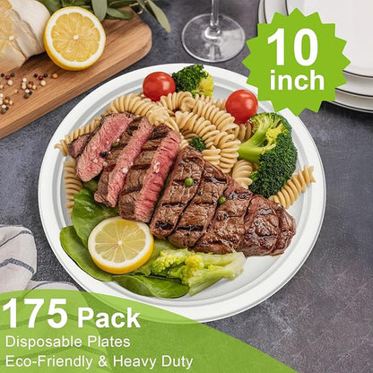 TIRIA Compostable Paper Plates 10 Inch [175 Pack], Biodegradable Sturdy Heavy Duty Paper Plates Bulk, Eco-Friendly Disposable Dinnerware for Parties, Lunch, Events, Picnics, Christmas & Thanksgiving