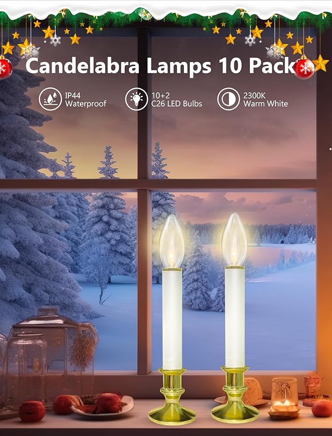 10 Pack Christmas Window Candles with 3V Ultra-Bright LED Warm White Bulbs, LED Battery Operated Window Candles, Gold Base, Flameless Candlestick for Indoor Christmas Window Table Mantel, Steady On