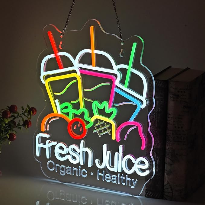 Fresh Juice Neon Sign, Neon Lights Hanging Wall Art Decoration for Juice Bar Shop Food Truck Market Bakeries Café Celebration Home Decor, USB Powered Ultra Bright Dimmable, 15.35×12.6inches