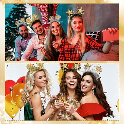 6 Pcs 2026 Happy New Year Headband with Star Boppers Headdresses Black Gold Silver Headdresses for New Year's Eve Party Supplies Holiday Supplies