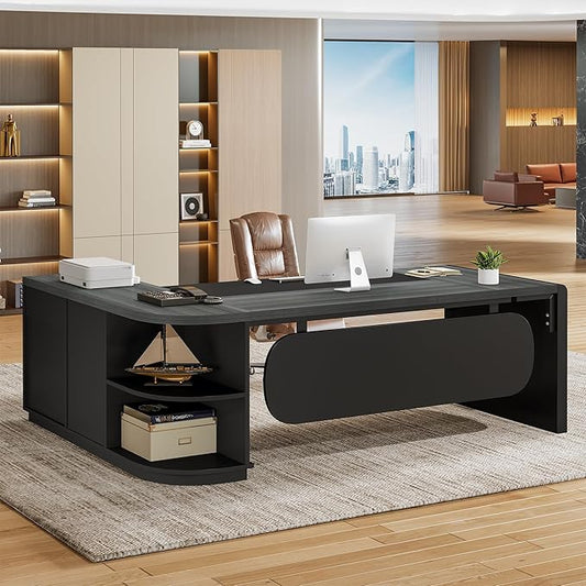 Tribesigns 80'' L-Shaped Desk Set of 6, Large Executive Office Desk with 55'' Drawers Cabinet, Modern Computer Table with Storage Shelves, Business Furniture for Office, Grey