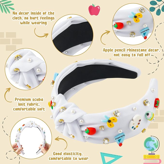 PANTIDE Teacher Jeweled Knotted Headband - Christmas Gift Apple Pencil Rhinestone Pearl Embellished Headband Wide Top Knot Hair Accessories Teacher Appreciation Birthday for Women Girls (White)