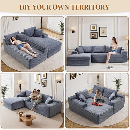95" L Shaped Boneless Sectional Couches, Wide Armrest, Deep Seat, Memory Foam, Assembly Free, Modern Comfy Corduroy Fluffy Cloud Sofa with Left Chaise for Living Room, Small Spaces, Grey
