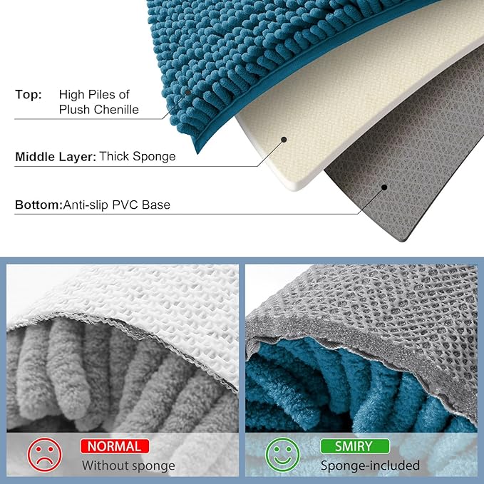 Smiry Luxury Chenille Bathroom Rugs 24x16, Extra Soft and Absorbent Shaggy Bath Mat, Machine Washable, Non-Slip Plush Carpet Runner for Tub, Shower, and Floor, Home Decor Accessories, Peacock Blue