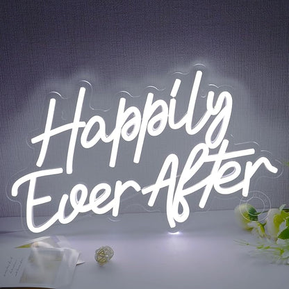 SYLHOME Happily Ever After LED Neon Light Sign Wedding Party Birthday Neon Art Wall Sign Decor USB Bedroom Home Bar Pub Decor Night Light 5V Cold White 15.8"X9.2"