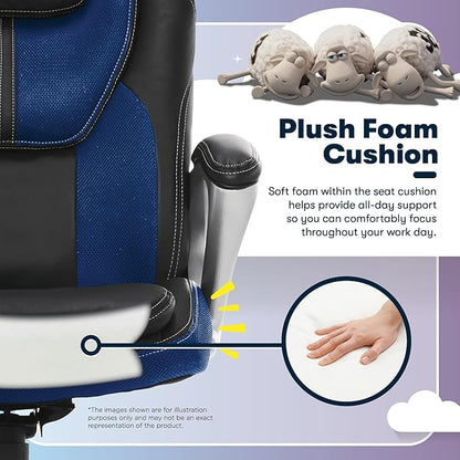 Serta Amplify Executive Office Chair with Faux Leather and Mesh, Adjustable Ergonomic Comfy Seat with Lumbar Support, Modern Computer DeskChairs, Swivel Rolling Wheels, Blue