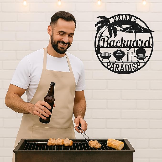 Rustic Outdoor BBQ Metal Sign, Custom Name Grill Wall Art for Backyard Patio, Personalized Cut Metal Barbecue Decor