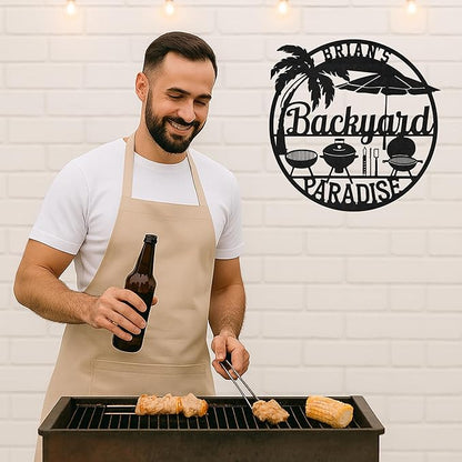 Rustic Outdoor BBQ Metal Sign, Custom Name Grill Wall Art for Backyard Patio, Personalized Cut Metal Barbecue Decor
