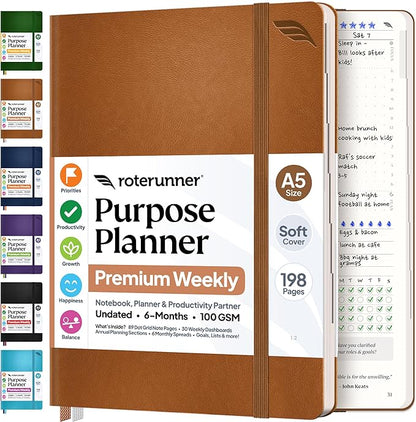 Roterunner Purpose Planner Notebook A5 5.8”x8.3” Undated 2026 Daily Weekly and Monthly Productivity Goal Setting Tool for Work Home ADHD Planner for Adults Self Care Journal (Tan Softcover)
