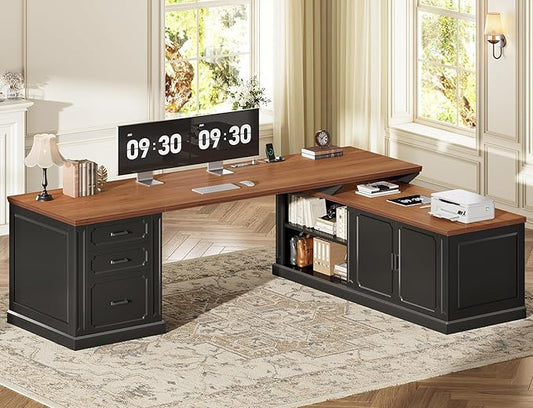 SEDETA Farmhouse L Shaped Desk with Drawers, 70.9" Home Office Desk with Storage Cabinet and Storage Shelves, L Shaped Computer Desk with Power Outlet，Black