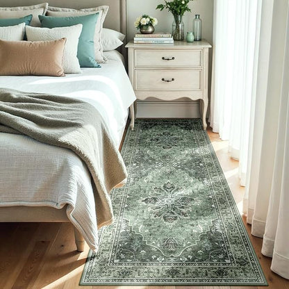 Area Rugs 3'x8' Runner Rug Non Slip Washable for Kitchen Hallway Bedroom Beside Laundry Room Bathroom Rug, Floor Carpet, Dark Green Gray