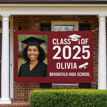 Custom Graduation Banner Class of 2025 with Photo and Name – Personalized Congrats Sign for High School or College Seniors – Indoor Outdoor Graduation Party Decoration