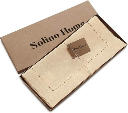 Solino Home Linen Hemstitch Table Runner 48 Inches - 100% Pure Linen Beige Table Runner 14 x 48 Inch Ideal for Dresser and Coffee Tables - Fall, Autumn, Christmas, New Year - Classic Hemstitch