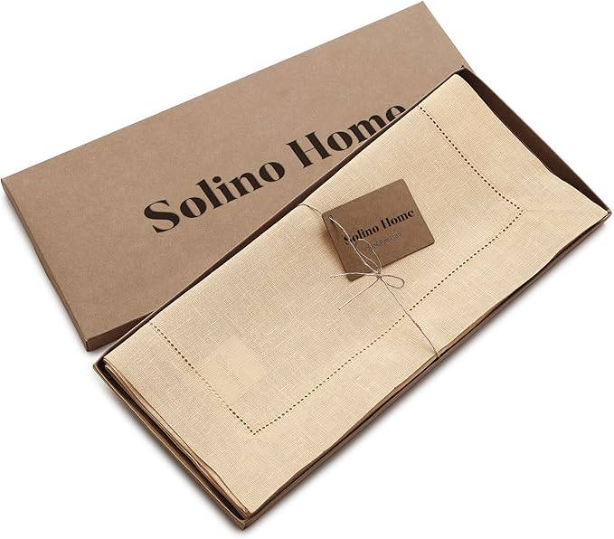 Solino Home Linen Beige Table Runner 72 Inches Long - 100% Pure Linen Hemstitch Table Runner 14 x 72 Inch for Dresser, Dining, Fall, Autumn, Christmas, New Year - Classic Hemstitch