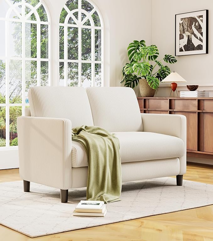 Loveseat Sofa, 51" Love Seat, Comfy Corduroy Small Loveseat for Small Spaces, Tool-Free Setup Couch for Bedroom, All-Wood Couches for Living Room, No Pillow Included, Beige