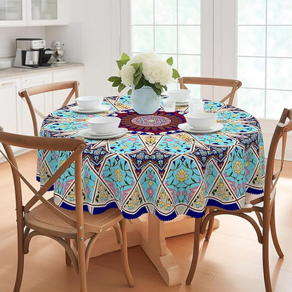 Eikione Boho Round Tablecloth 70inch, Tablecloth Waterproof and Wrinkle-Free, Boho Table Covers, Summer Decorations for Home