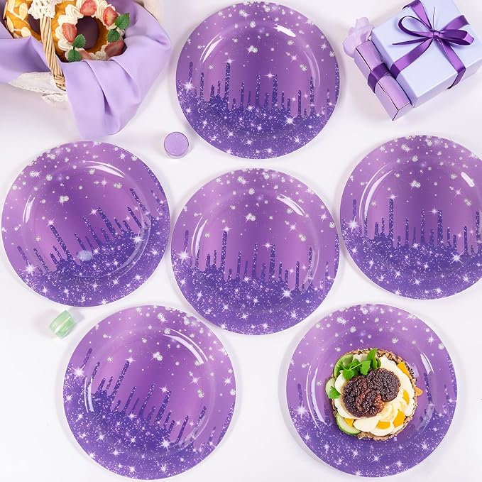 WELLIFE 20PCS Purple Glitter Plates – Diamond Plastic Dinner & Dessert Plates (10×9.2" + 10×6.3"), Reusable Purple Party Plates for Christmas, New Year’s Eve & Girls Birthday