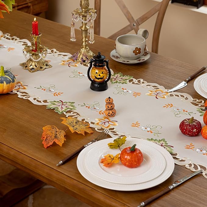 Joyfol Day Autumn Thanksgiving Table Runner 14 x 59 Inch, Cutwork Embroidered Pumpkin Maple Leaves Dresser Scarf, Seasonal Fall Table Runner for Kitchen Dining Harvest Party Decor