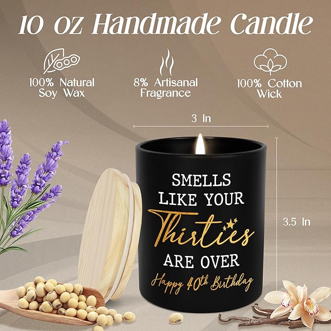 Christmas 40th Birthday Gifts Men Women - Forty Vanilla Lavender Candle 10oz - 1985 40th Birthday Decorations for Men Women, 40 Year Old Bday Gifts for Friend Sister Wife Husband