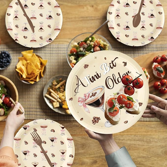 140 Pcs a Tini Bit Older Birthday Party Supplies Bow Decorations Espresso Martini Paper Plates Napkins Cups Knives Forks and Spoons ，Dinnerware for Birthday Wedding Decoration Serves 20