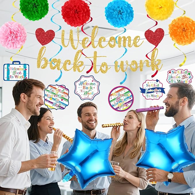 15pcs Welcome Back to Work Decorations for Office Colorful So Glad You're Back To Work Banner Hanging Swirls Balloons Pompoms for Office Work Anniversary Decor for Home, Office Party Supplies
