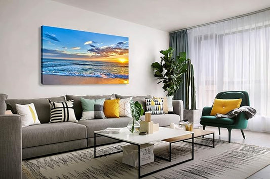 Aibonnly Wall Art Canvas Painting Seaside Sunset over the beaches 1 Piece blue sea view Ocean Picture Poster Print Framed and Stretched Ready to Hang for Living Room Bedroom Kitchen Office